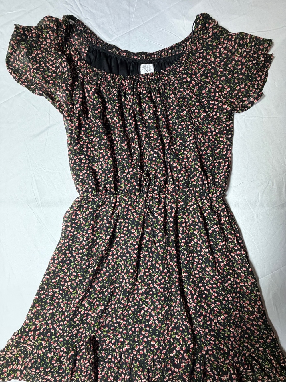 Sienna Sky Black Floral Ruffled Cap Sleeve Mini Dress - Size L